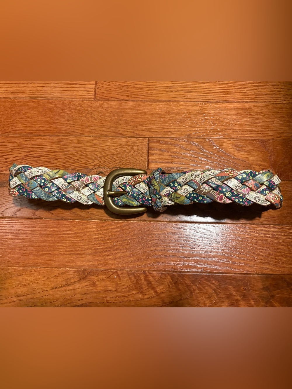 Fossil Braided Multicolor Patchwork Floral Belt with Brass Buckle, 40 inches
